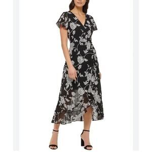 Kensie Women's Black White Floral Short Sleeve Surplice Neck Wrap Dress Size 6